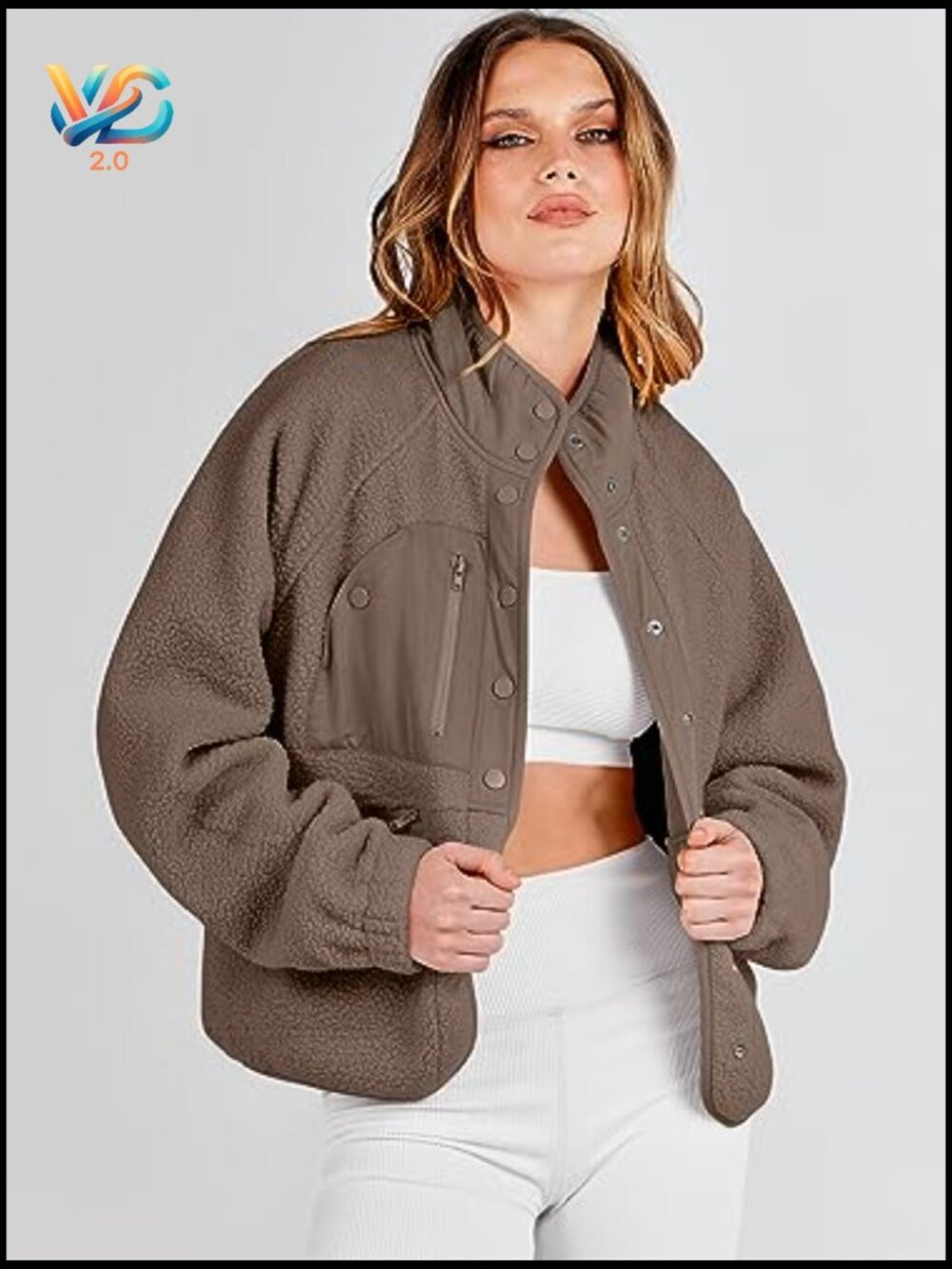 Fuzzy Fleece Cropped Shacket with Pockets, Long Sleeve Button Down Jacket - Picture 2 of 7